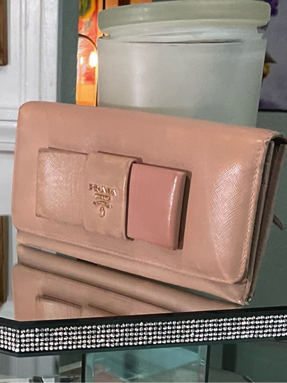 Prada Pale Pink Bow-Detail Saffiano Leather Wallet